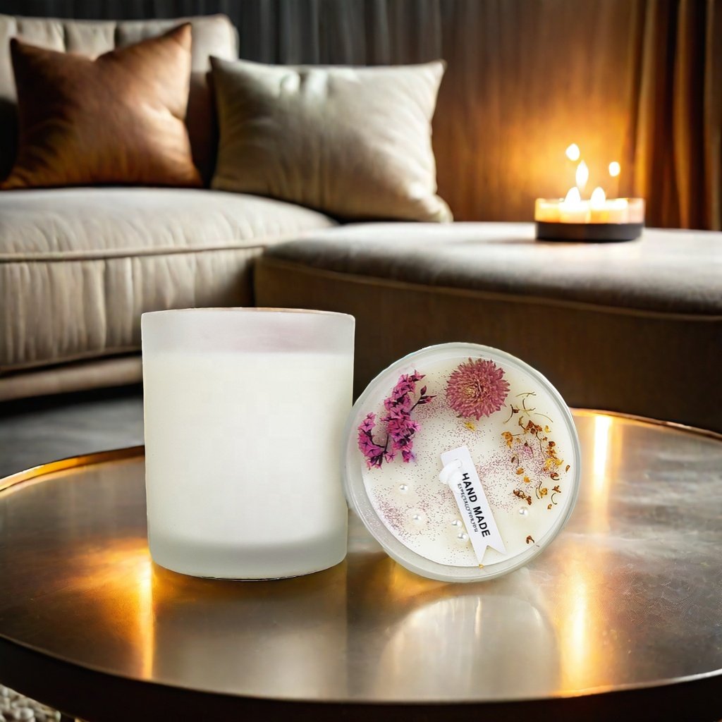Custom Private Label hand-made dried flower scented candles in frosted glasses
