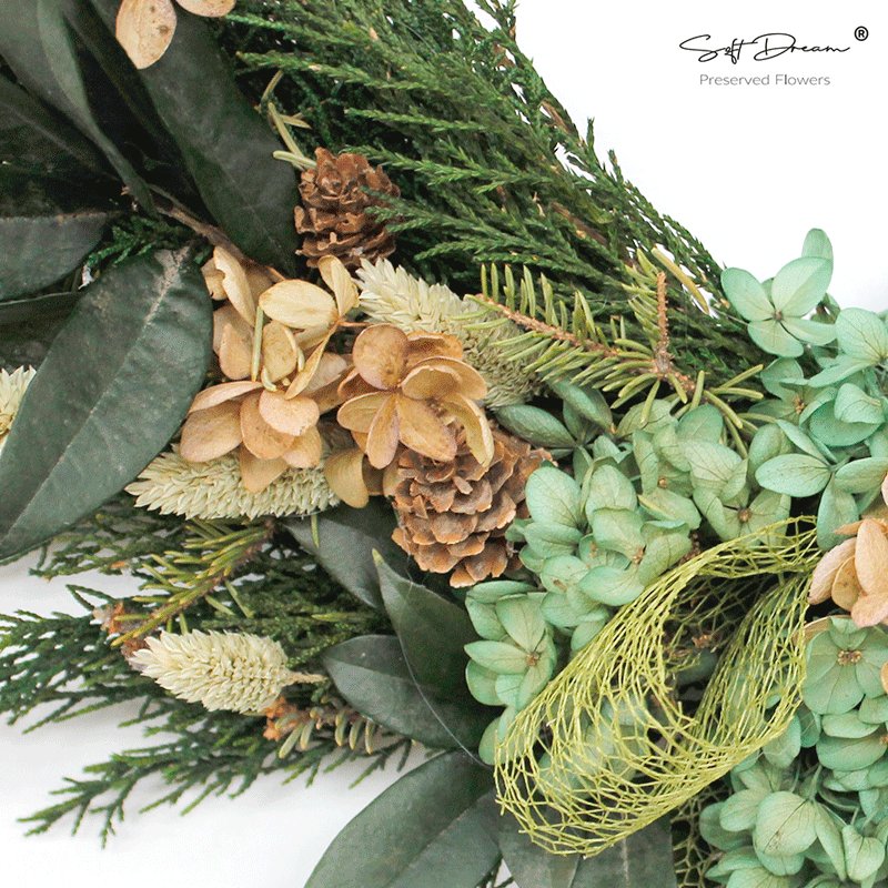 2024 Softdream New Design Cypress Hydrangea Customizable Natural Preserved Flowers & Plants Christmas decoration Wreaths