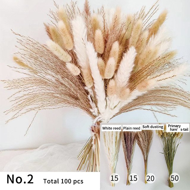 100pcs 17.3inch Fluffy Natural Dried Pampas Mixed dried Bunnytail Grass dried flower Bouquets Boho Home Decor Wedding Decor