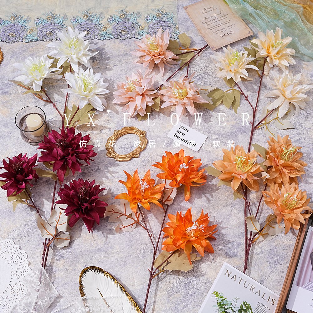 Simulation Big Claw Chrysanthemum Dahlia Wedding Wedding Hall Hotel Flower Row Silk Flower 3 Head Ball Wedding