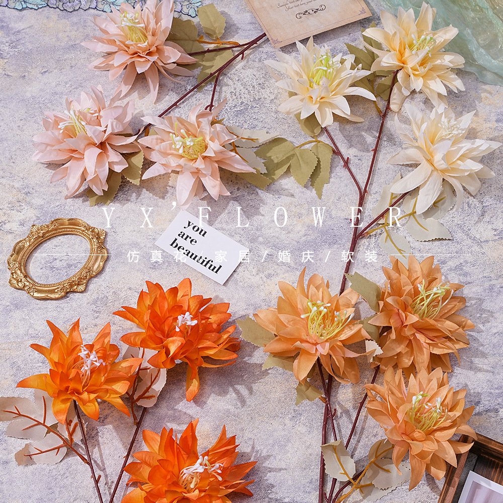Simulation Big Claw Chrysanthemum Dahlia Wedding Wedding Hall Hotel Flower Row Silk Flower 3 Head Ball Wedding