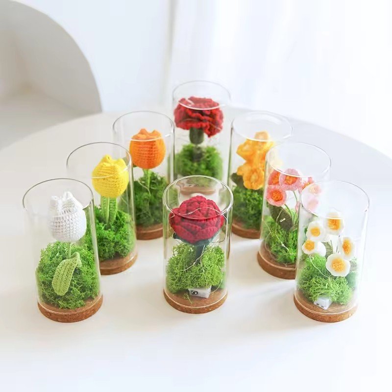 Crochet Valentine's Day Decoration Potted Flowers Knitted Crochet Flowers LED Light Preserved Flower in Glass Dome