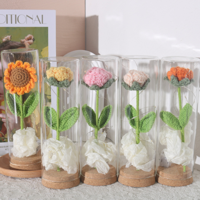 Crochet Valentine's Day Decoration Potted Flowers Knitted Crochet Flowers LED Light Preserved Flower in Glass Dome