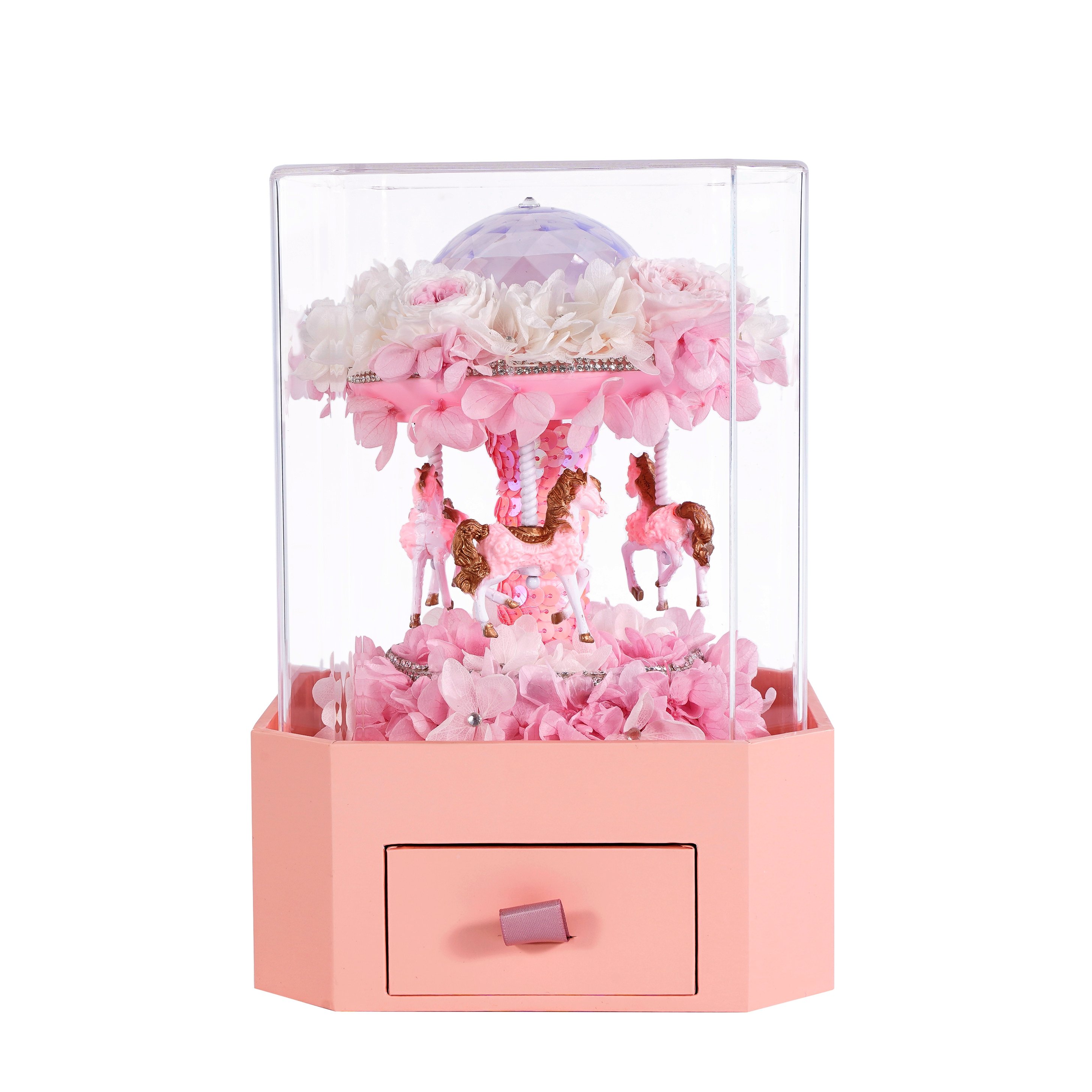 Wholesale Carousel Shaped Valentines day gift dried forever immortal everlasting Eternal flower preserved rose in acrylic box