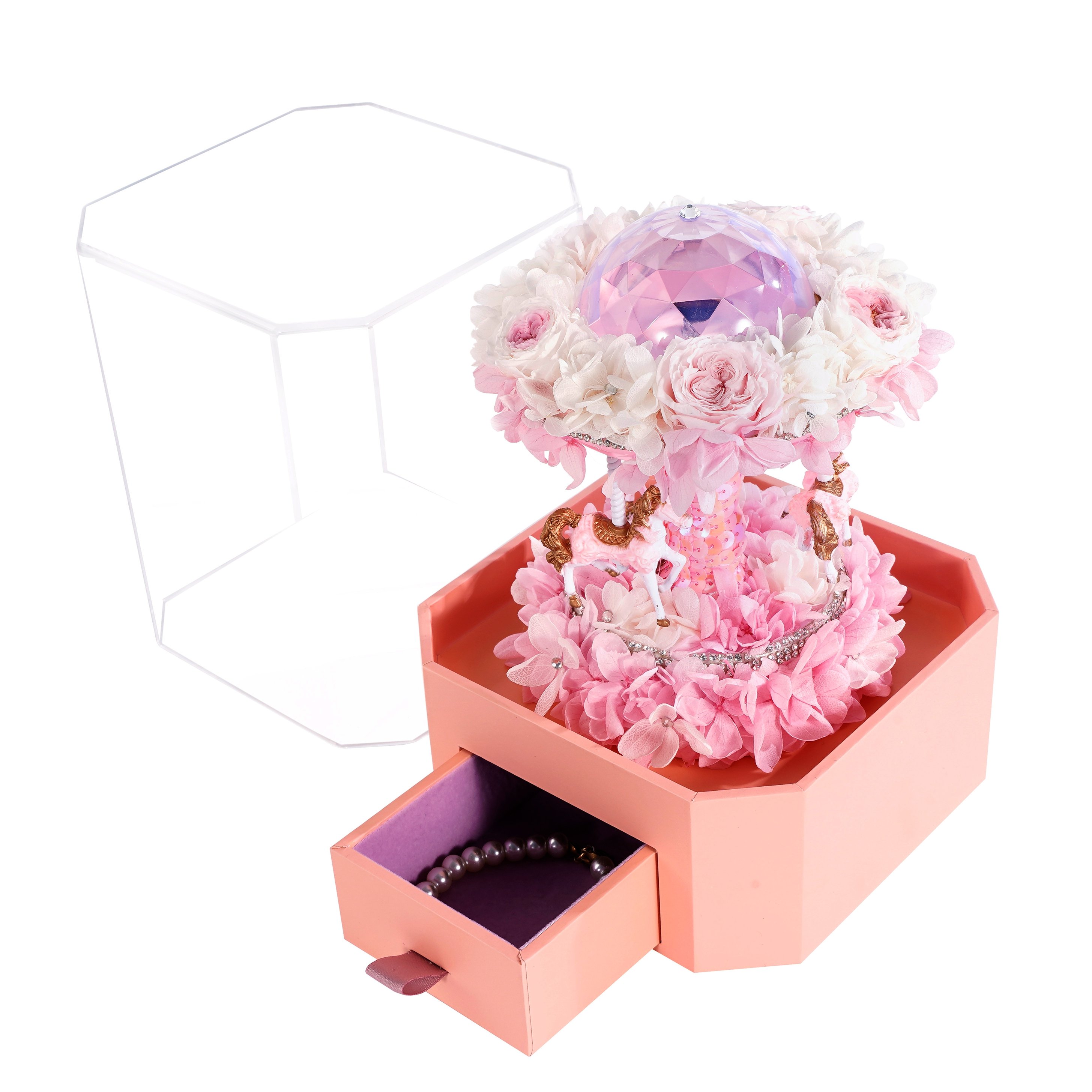 Wholesale Carousel Shaped Valentines day gift dried forever immortal everlasting Eternal flower preserved rose in acrylic box