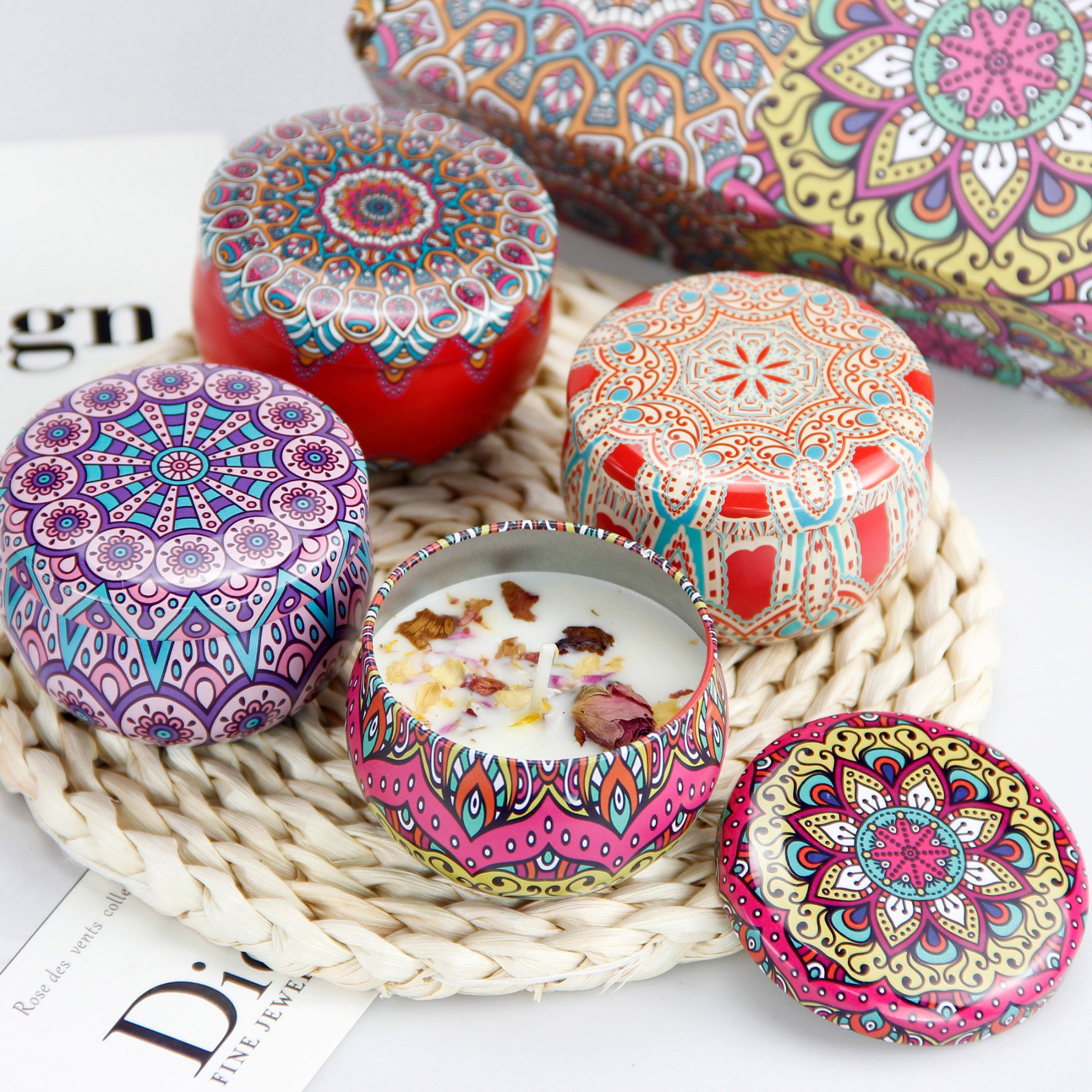 Accept Custom Portable Flower Designs Natural Soy Wax Hotel Candles Jasmine Scents Aromatherapy Tin Jar Candles