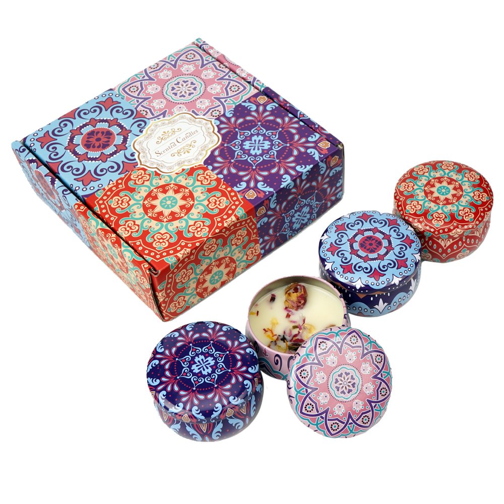 Hot Sale Private Label Essential Oil Natural Soy Wax 4pcs Set Metal Aroma Tins Jar Candle Gift Set