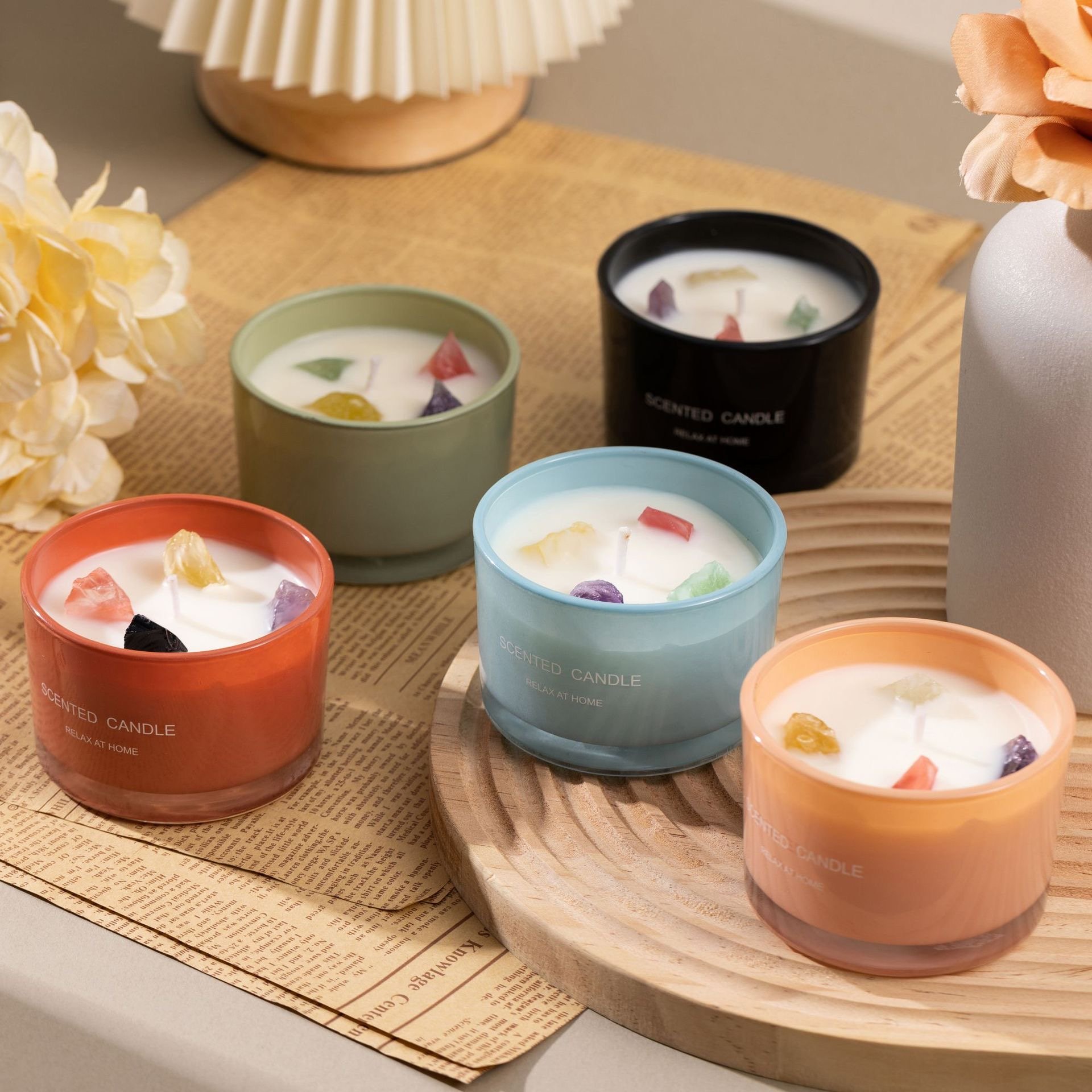 New Crystal Stone Aromatherapy Plant Essential Oil Dried Flower Soy Tin Candles For Bedroom Scented Candles