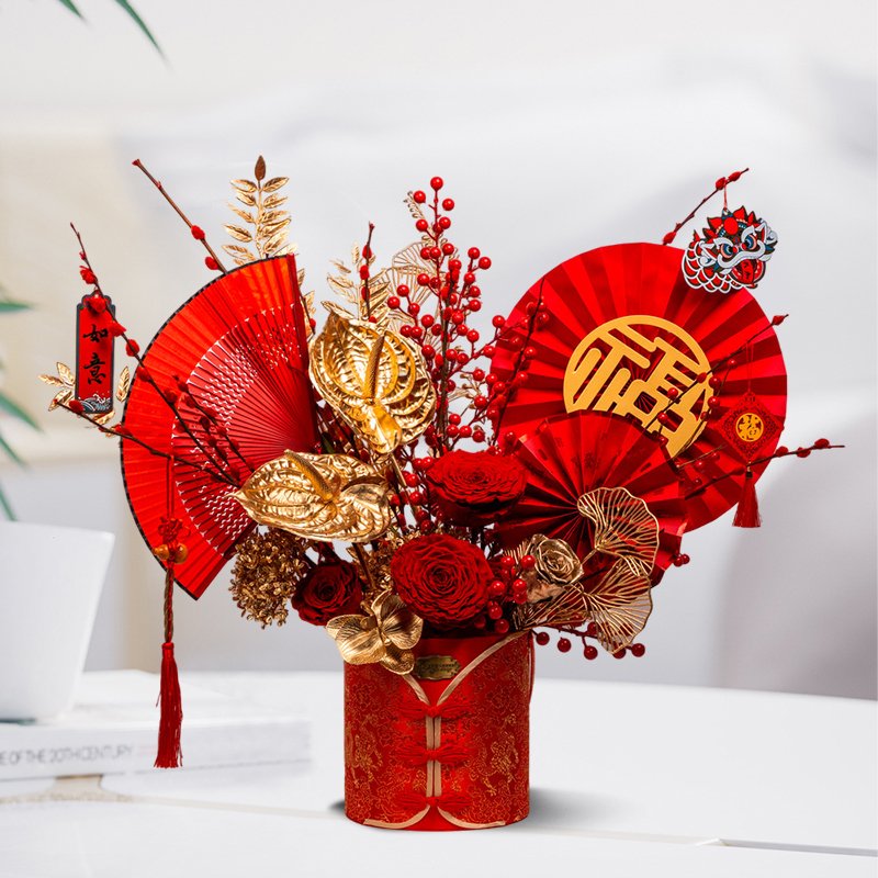 2025 Chinese New Year Artificial Holly Flower In Red Money Bag For Happy Vietnamese Lunar New Year's Decorate Luck Pot Set