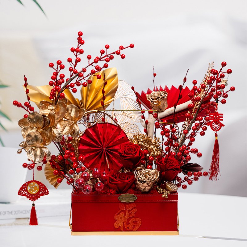 2025 Chinese New Year Artificial Holly Flower In Red Money Bag For Happy Vietnamese Lunar New Year's Decorate Luck Pot Set