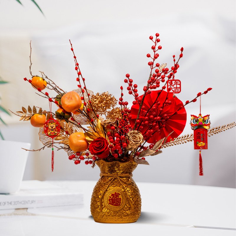 2025 Chinese New Year Artificial Holly Flower In Red Money Bag For Happy Vietnamese Lunar New Year's Decorate Luck Pot Set