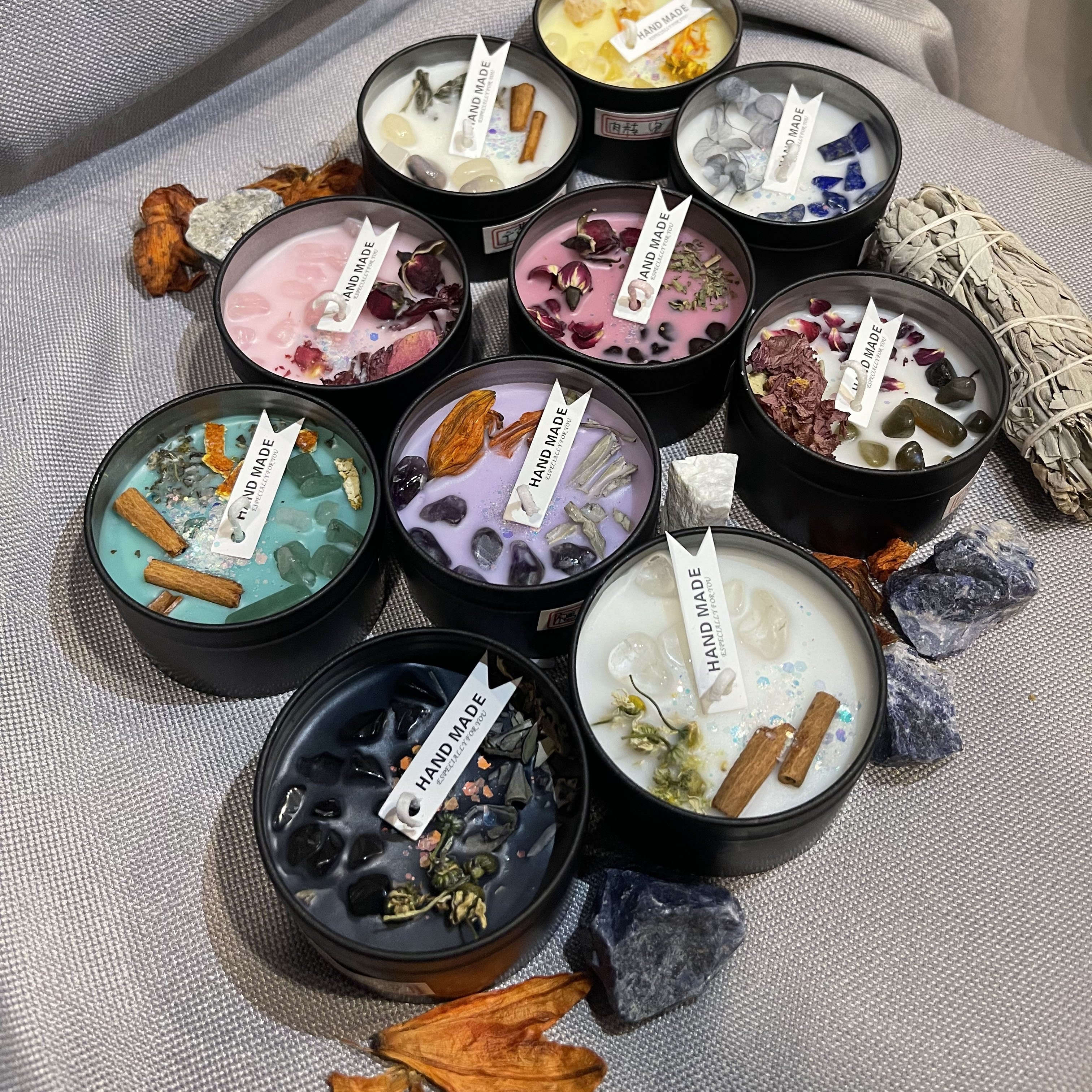 Decorative Custom Aroma Crystal Luxury Woodwick Scented Tin Candles with Dried Flower