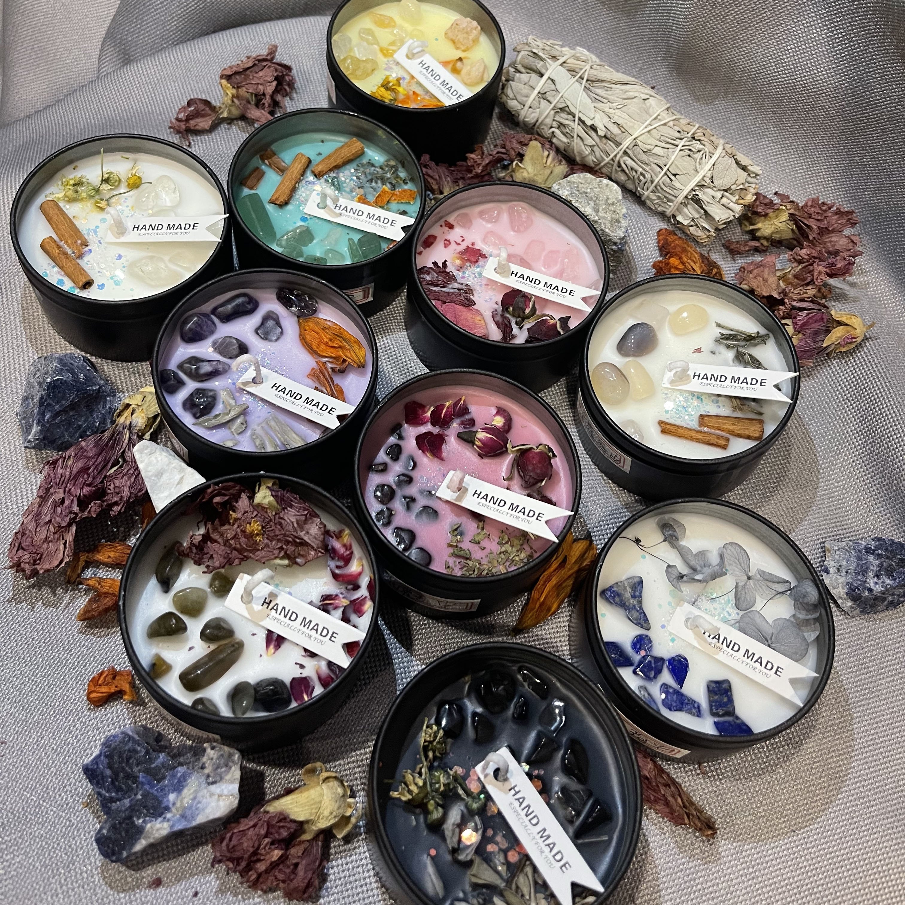 Decorative Custom Aroma Crystal Luxury Woodwick Scented Tin Candles with Dried Flower