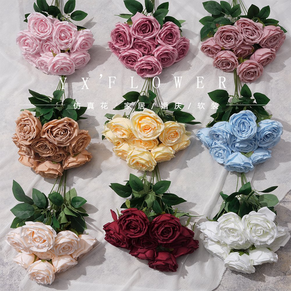 9 head bouquet of Royal Princess rose fresh round rose hotel wedding stage decoration home beauty Chen silk flower art
