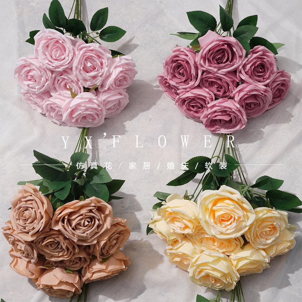 9 head bouquet of Royal Princess rose fresh round rose hotel wedding stage decoration home beauty Chen silk flower art