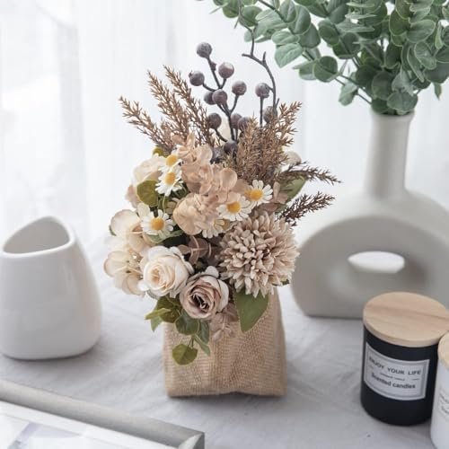 Small dried flowers for fall table setting, fall bouquet with roses, dandelions, hydrangeas, daisies, eucalyptus, holly (brown)