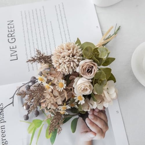 Small dried flowers for fall table setting, fall bouquet with roses, dandelions, hydrangeas, daisies, eucalyptus, holly (brown)