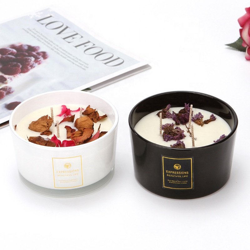 Free Sample three wick scented candles custom scented soy candles with dried flowers crystal aromatherapy luxury scented candle