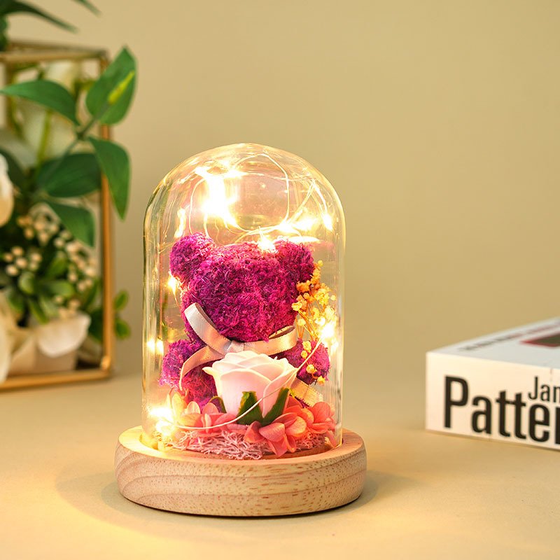 Creative Valentines Day Gift LED lights Moss Bear Rose Dried Bouquet Eternal Life Flower Glass Cover Gift Box