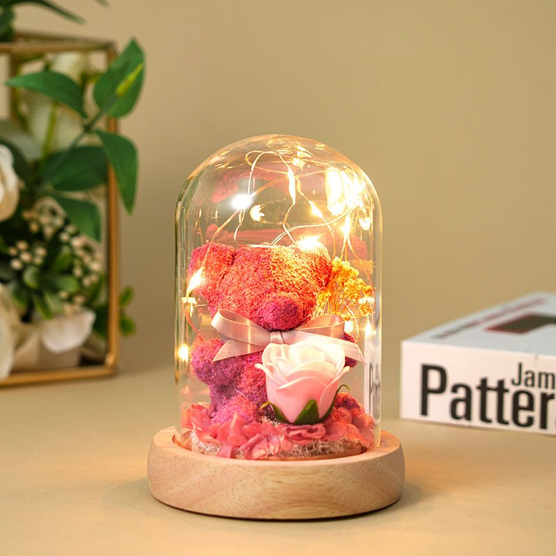 Creative Valentines Day Gift LED lights Moss Bear Rose Dried Bouquet Eternal Life Flower Glass Cover Gift Box