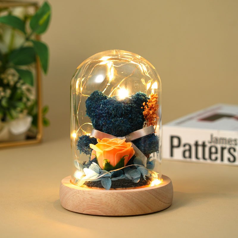 Creative Valentines Day Gift LED lights Moss Bear Rose Dried Bouquet Eternal Life Flower Glass Cover Gift Box