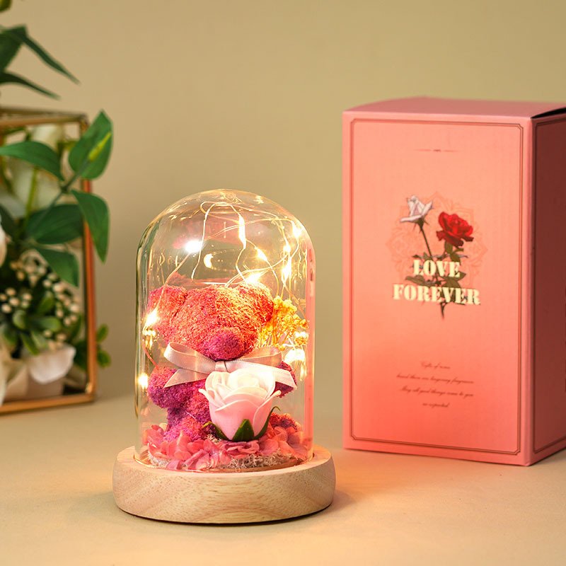 Creative Valentines Day Gift LED lights Moss Bear Rose Dried Bouquet Eternal Life Flower Glass Cover Gift Box