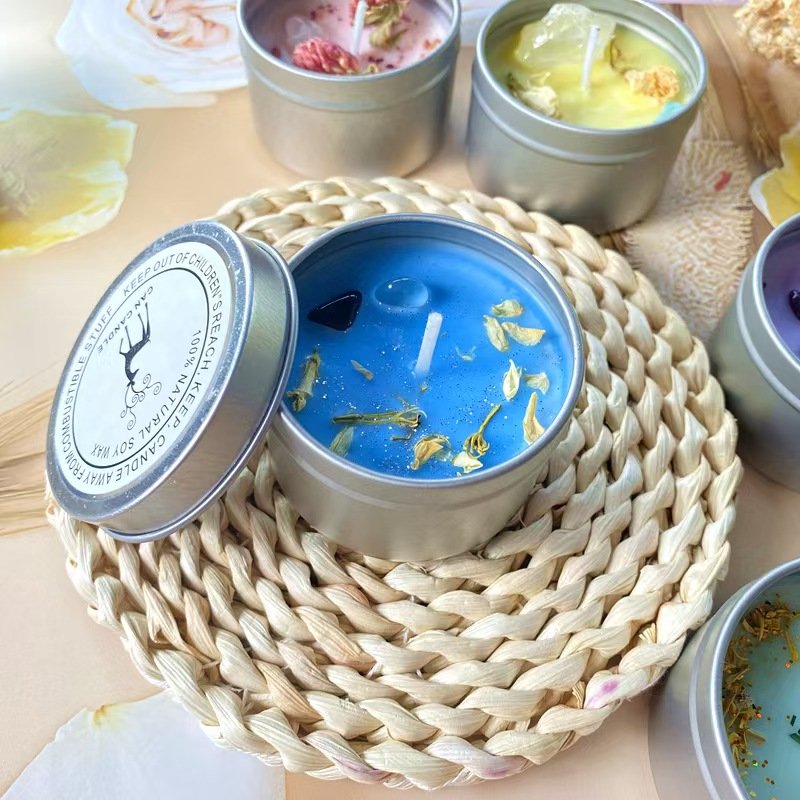 Good Selling Dry Flowers Candle Scented with Lip Herbs Customized Soy Wax Tin Can Herbal Scented Candle Sets