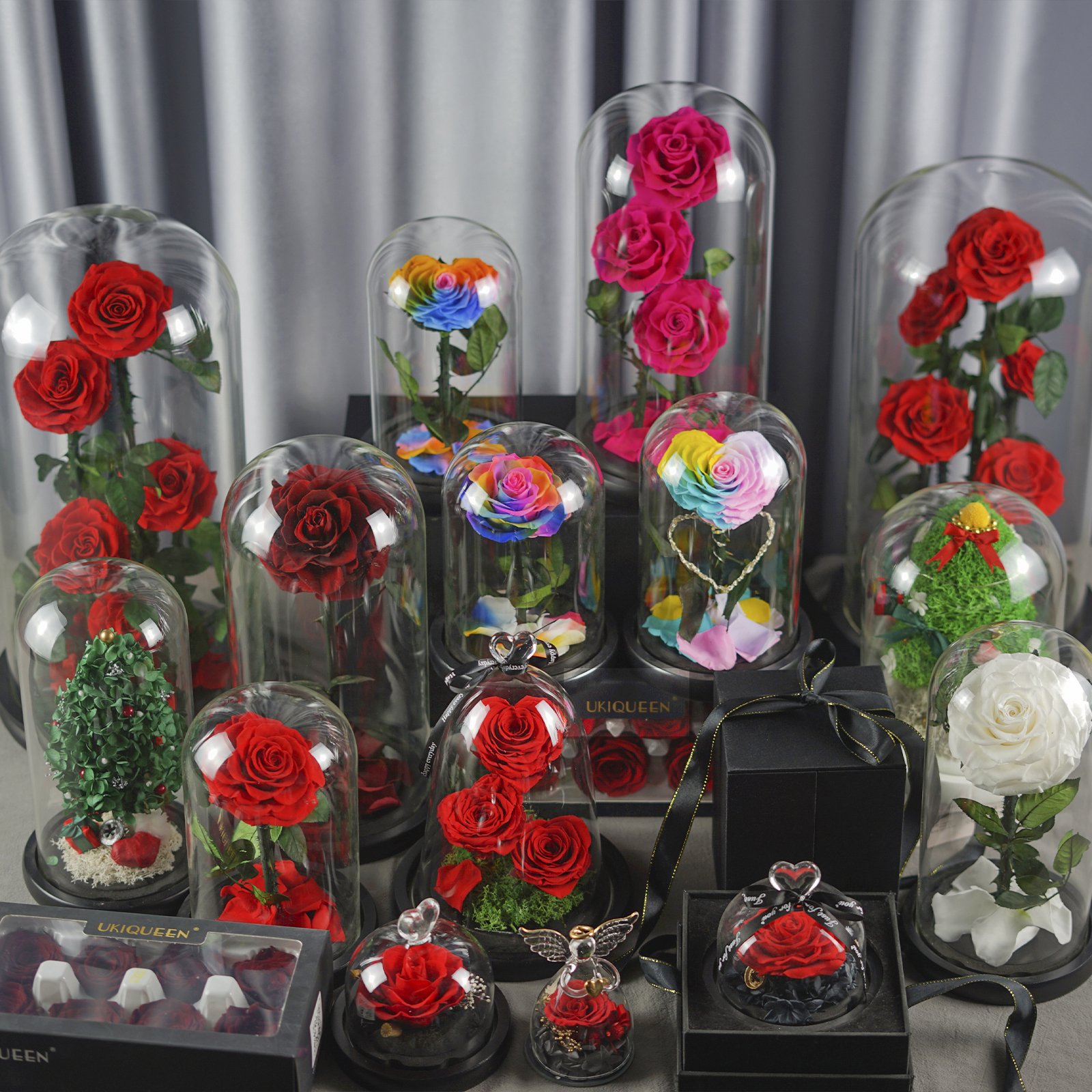 Wholesale Natural Heart Shaped Gold Dot Black Glass Rosa Preservada Domo Eternal Rose Flower Decoration