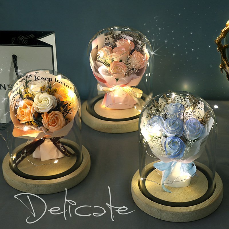 Factory Wholesale Natural Style Soap Rose Flower Bouquet In Glass Dome Luxury Design Gift Box for Wedding & Birthday