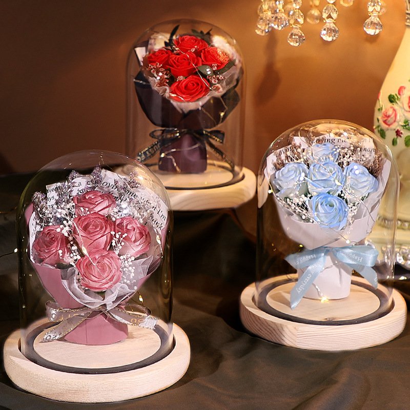 Factory Wholesale Natural Style Soap Rose Flower Bouquet In Glass Dome Luxury Design Gift Box for Wedding & Birthday