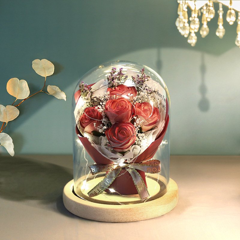 Factory Wholesale Natural Style Soap Rose Flower Bouquet In Glass Dome Luxury Design Gift Box for Wedding & Birthday