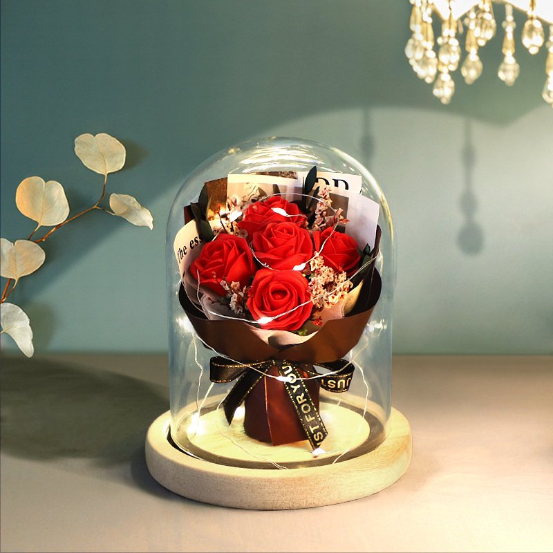 Factory Wholesale Natural Style Soap Rose Flower Bouquet In Glass Dome Luxury Design Gift Box for Wedding & Birthday
