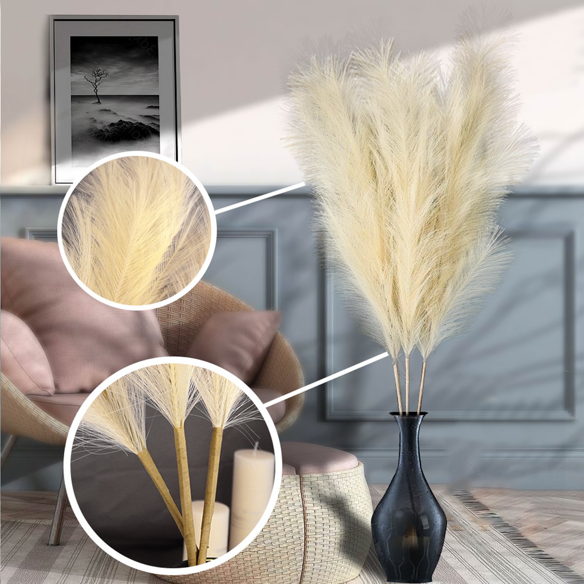 HFloral 45 inch 115 cm tall wholesale Faux Artificial fluffy decorative flower large big Pampas Grass for Vase Boho Decor
