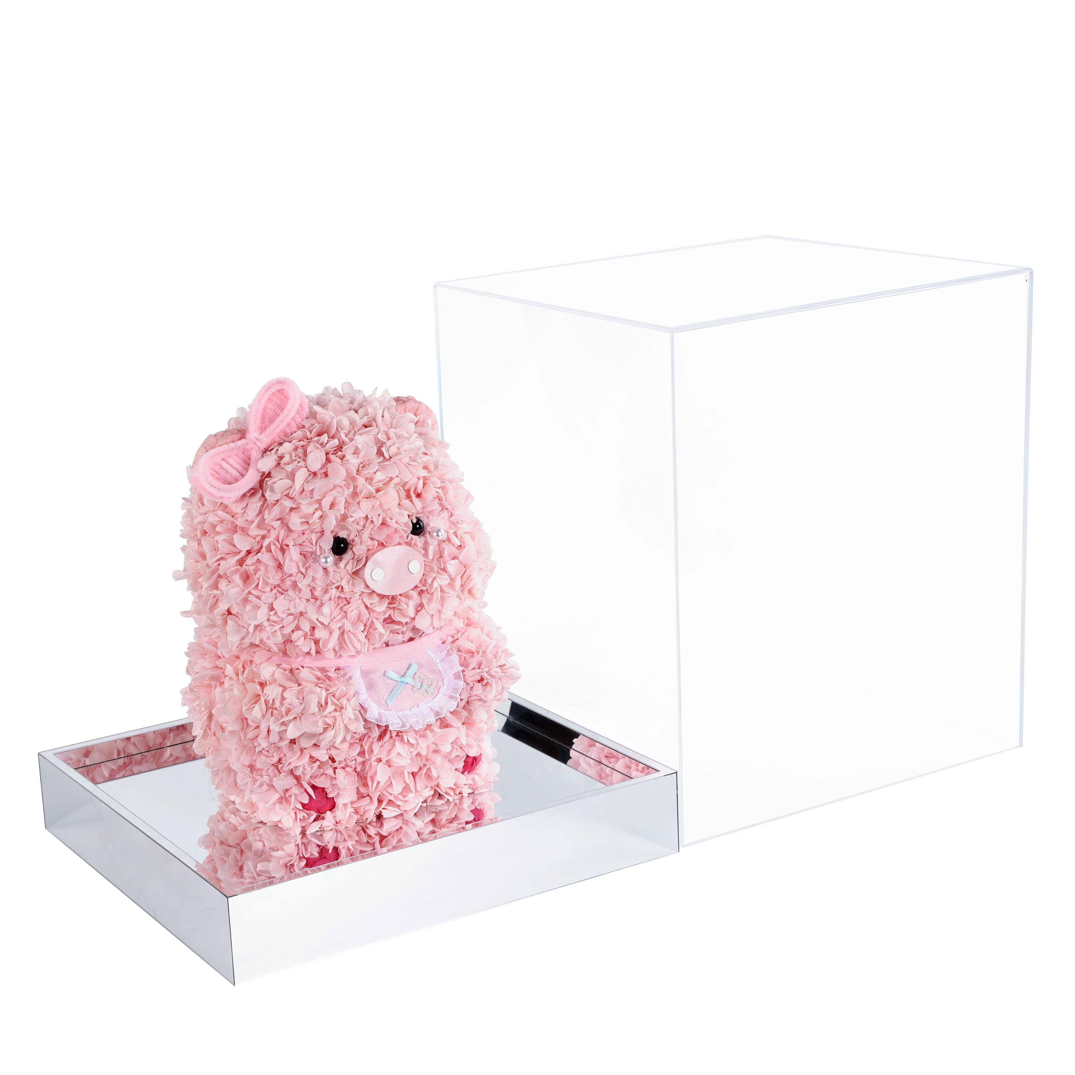 Purple Pig Valentines day gift natural forever everlasting Dried immortal hydrangea eternal rose preserved Flower in acrylic box