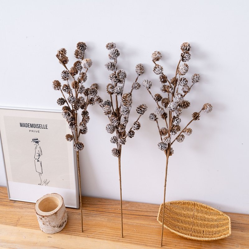 MW61205 Popular Christmas Snow Effect 36 Heads Pineal Branches Dried Pine Fruit For Flower Wall Backdrop