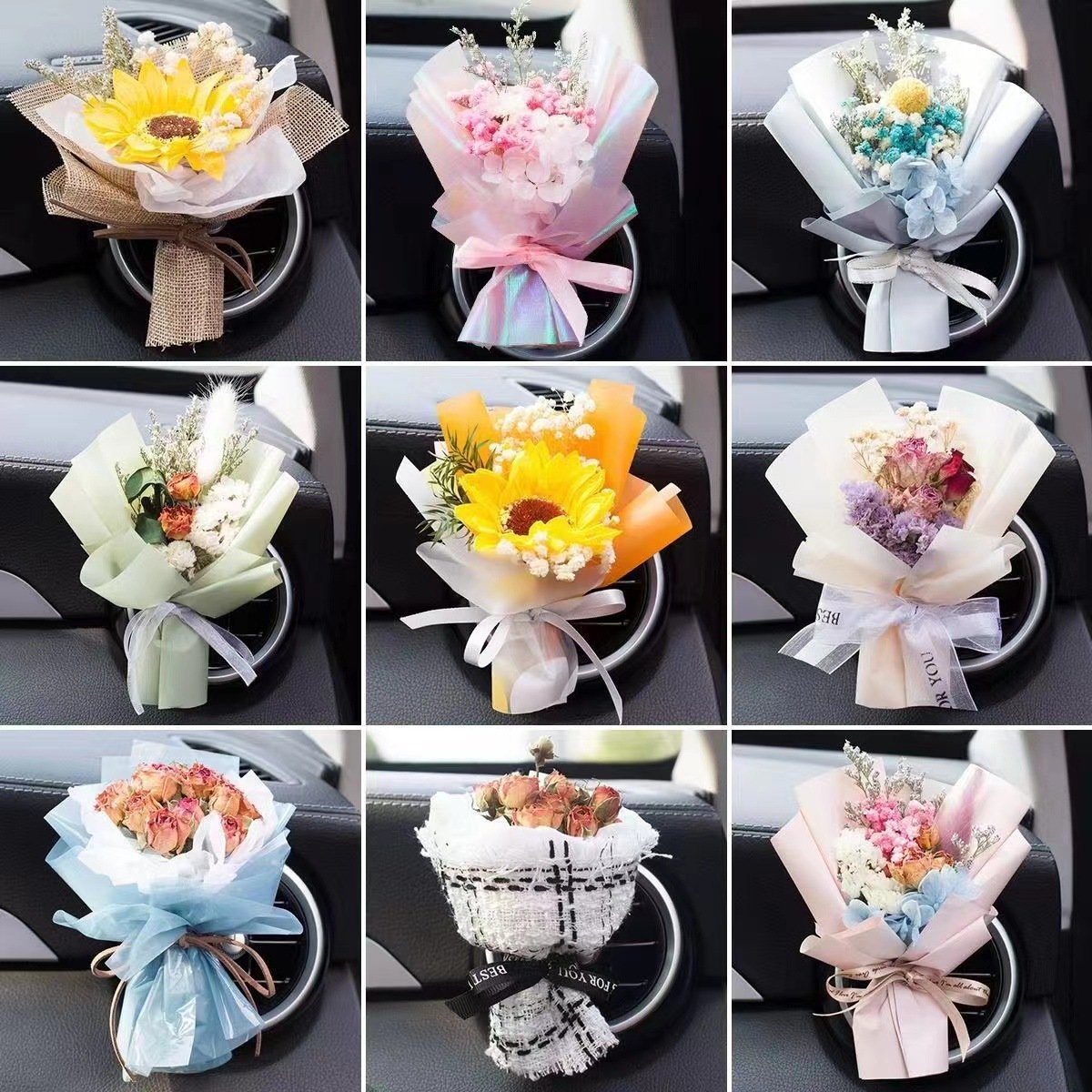 Customized Mini Bouquet Car Perfume Air Conditioning Outlet Vent Fragrance Dried Flower Car Air Freshener