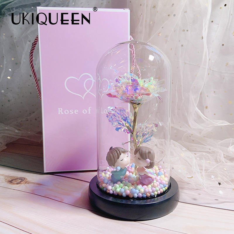 UKIQUEEN Factory Directly Supply Rose Life Last Long immortal Eternal Rose Preserved Flower Forever Roses in Glass Dome Led