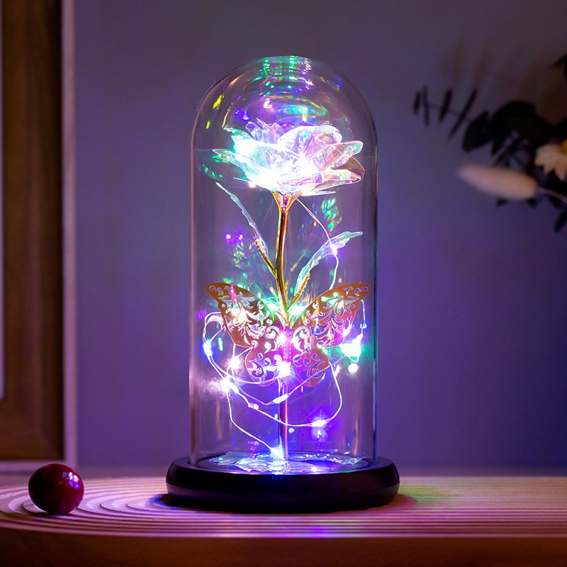 Christmas Valentines Day Gift Led Light Colorful Artificial Galaxy Rose Flowers in Glass Dome With Butterfly Gifts for Mom Women