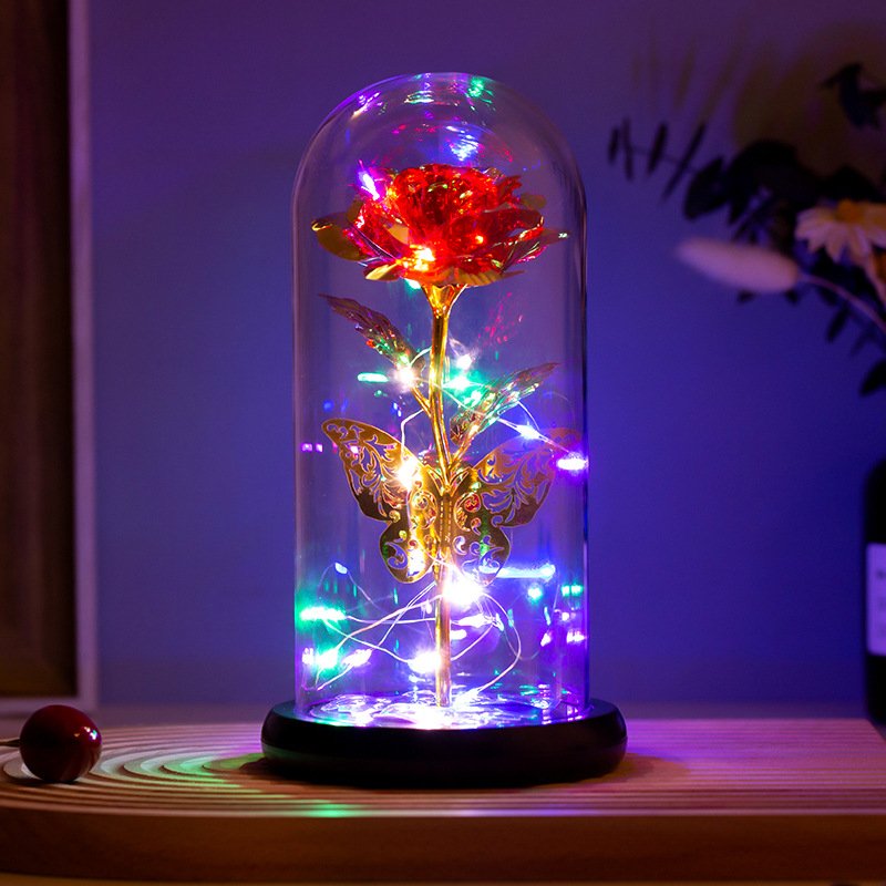 Christmas Valentines Day Gift Led Light Colorful Artificial Galaxy Rose Flowers in Glass Dome With Butterfly Gifts for Mom Women