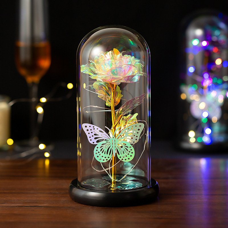 Christmas Valentines Day Gift Led Light Colorful Artificial Galaxy Rose Flowers in Glass Dome With Butterfly Gifts for Mom Women