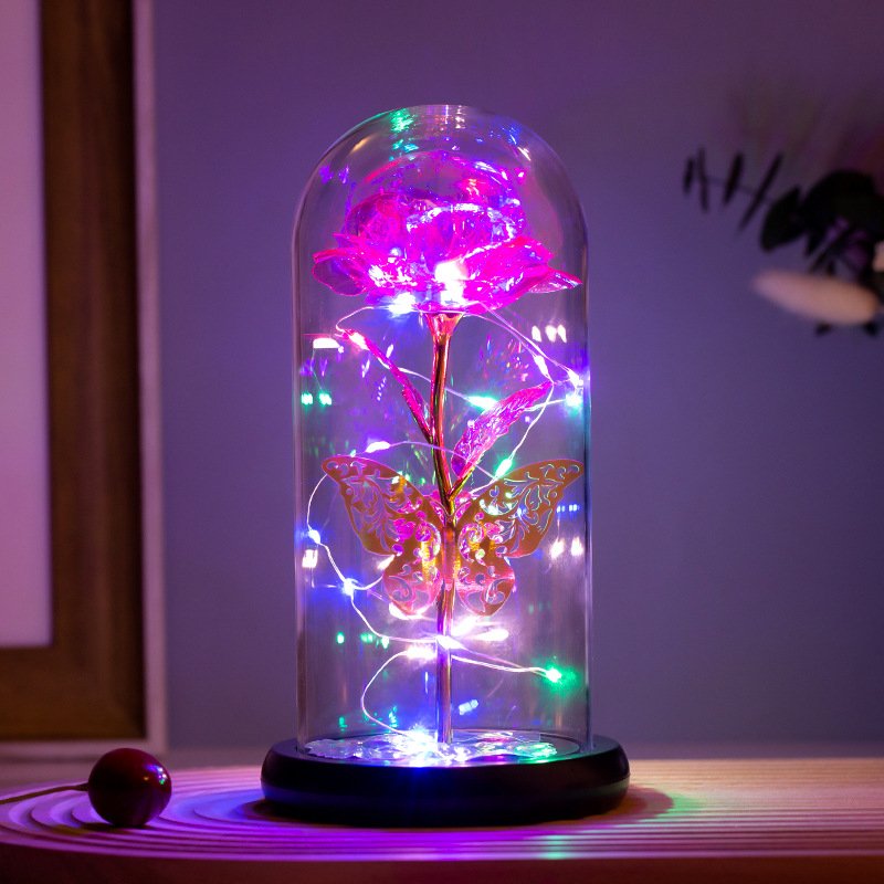 Christmas Valentines Day Gift Led Light Colorful Artificial Galaxy Rose Flowers in Glass Dome With Butterfly Gifts for Mom Women