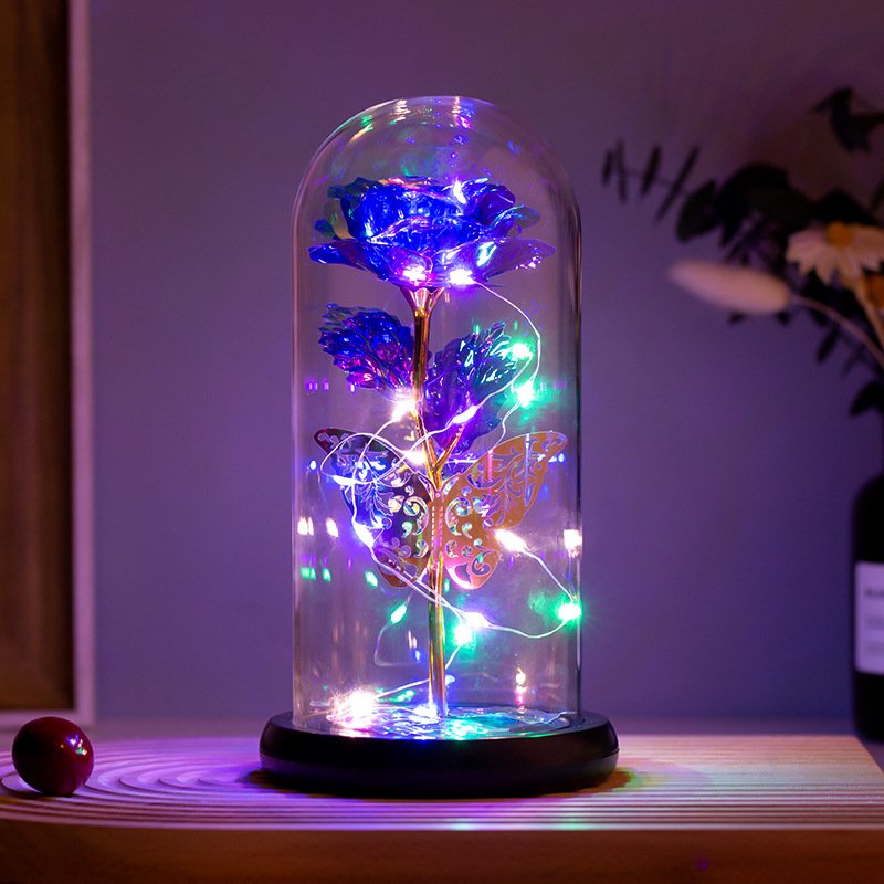 Christmas Valentines Day Gift Led Light Colorful Artificial Galaxy Rose Flowers in Glass Dome With Butterfly Gifts for Mom Women