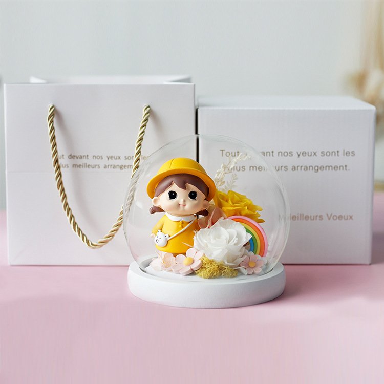TC Wholesale Cute Doll Preserved Roses Real Dried Flowers In Glass Dome For Birthday Valentine's Day Gift For Girlfriend