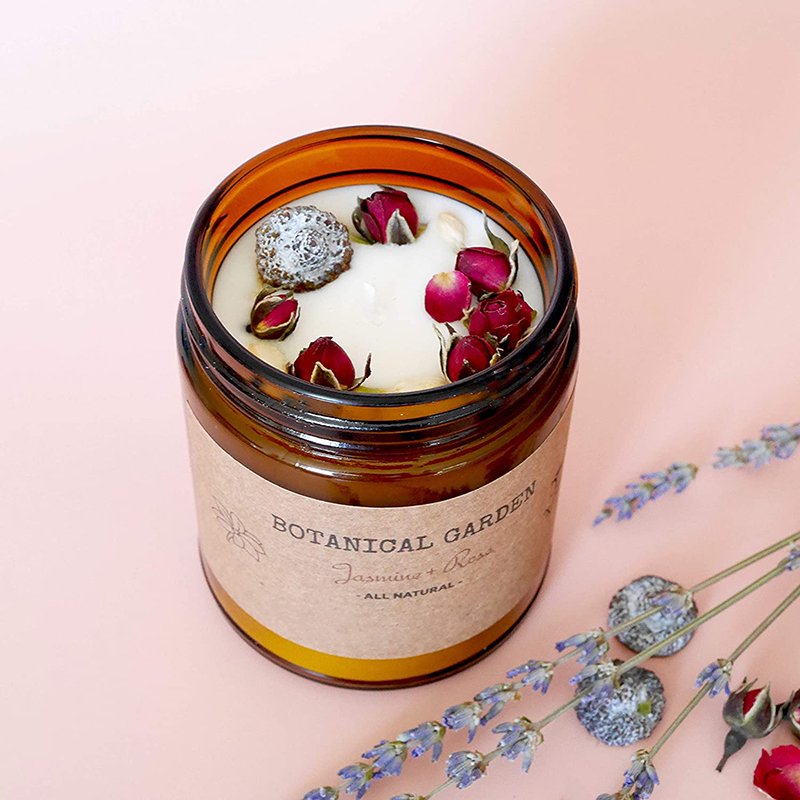 Home Decor 100% Essential Oil Organic Jasmine & Rose Scented Aromatherapy Pure Soy Wax Scented Candles With Dried Flowers