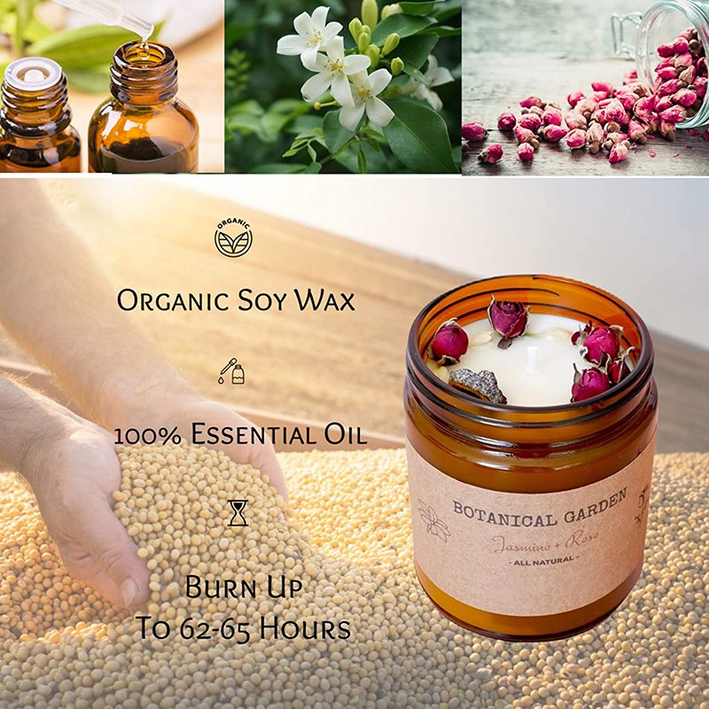 Home Decor 100% Essential Oil Organic Jasmine & Rose Scented Aromatherapy Pure Soy Wax Scented Candles With Dried Flowers