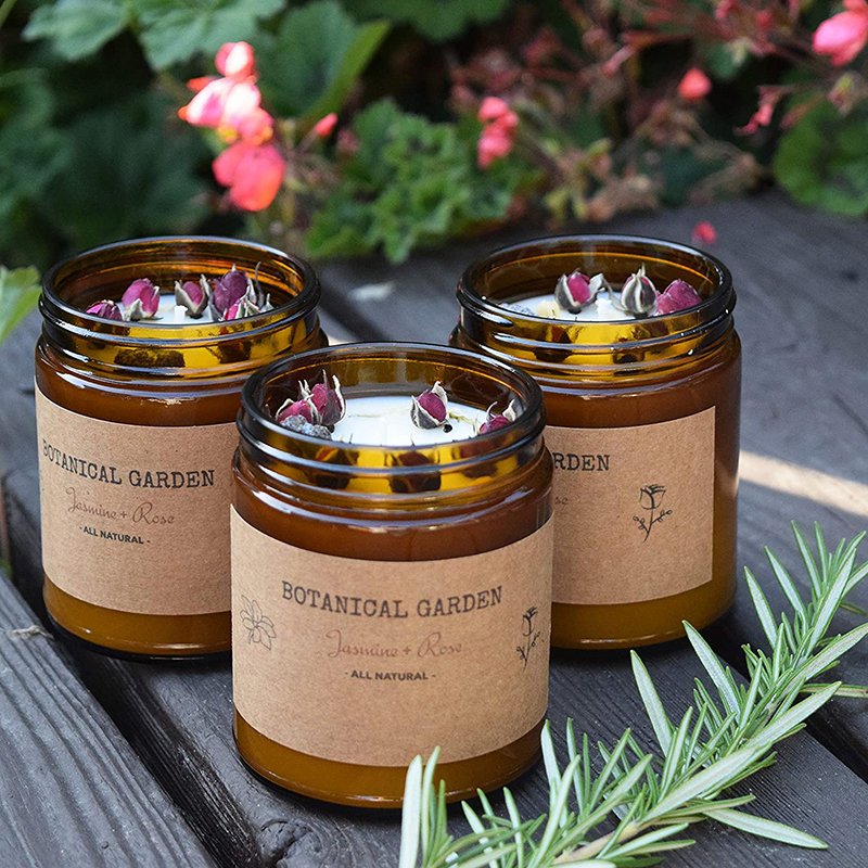 Home Decor 100% Essential Oil Organic Jasmine & Rose Scented Aromatherapy Pure Soy Wax Scented Candles With Dried Flowers