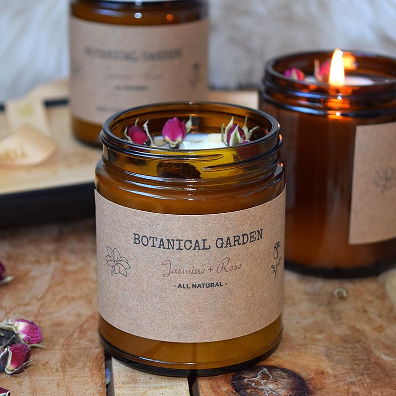 Home Decor 100% Essential Oil Organic Jasmine & Rose Scented Aromatherapy Pure Soy Wax Scented Candles With Dried Flowers