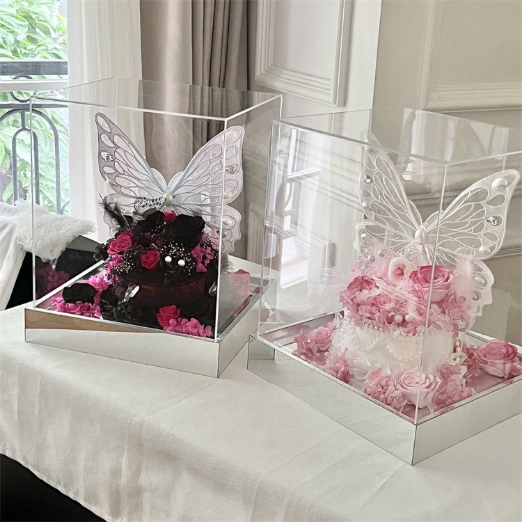 Customization Giant Simulation Butterfly Pearl Decoration Cake Shape Eternal Flower Preserved Dried Rose in Acrylic Gift Box