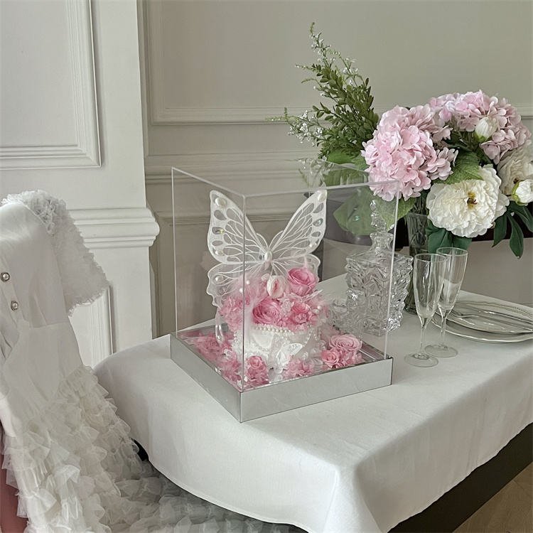 Customization Giant Simulation Butterfly Pearl Decoration Cake Shape Eternal Flower Preserved Dried Rose in Acrylic Gift Box