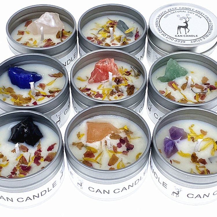 Pure Handmade Scented Long Lasting Aroma Soy Candles Crystal Inside Stone Dried Flower Fragrance Manifestation Massage Oi Candle